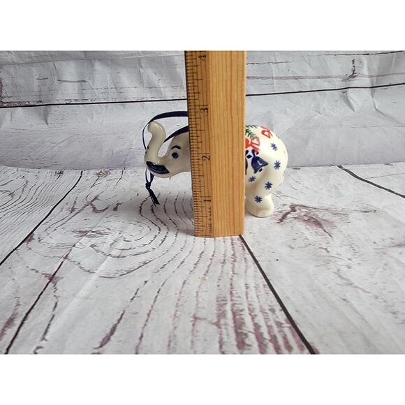 Polished Pottery hand painted Elephant Blue stars a pine tree design Ornament - Picture 7 of 8